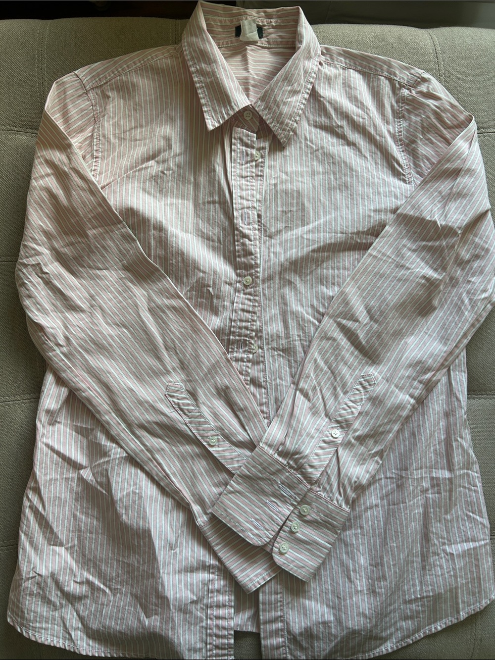 Pink, white and green striped button down shirt